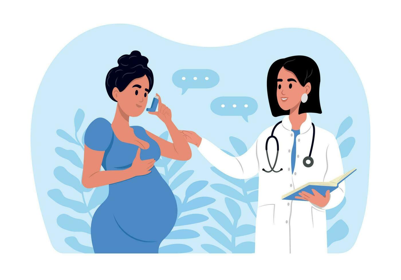 de läkare berättar en gravid kvinna på vilket sätt till använda sig av ett inhalator under ett astma ge sig på. värld astma dag. allergi, astmatiker. inandning läkemedel. bronkial astma. vektor