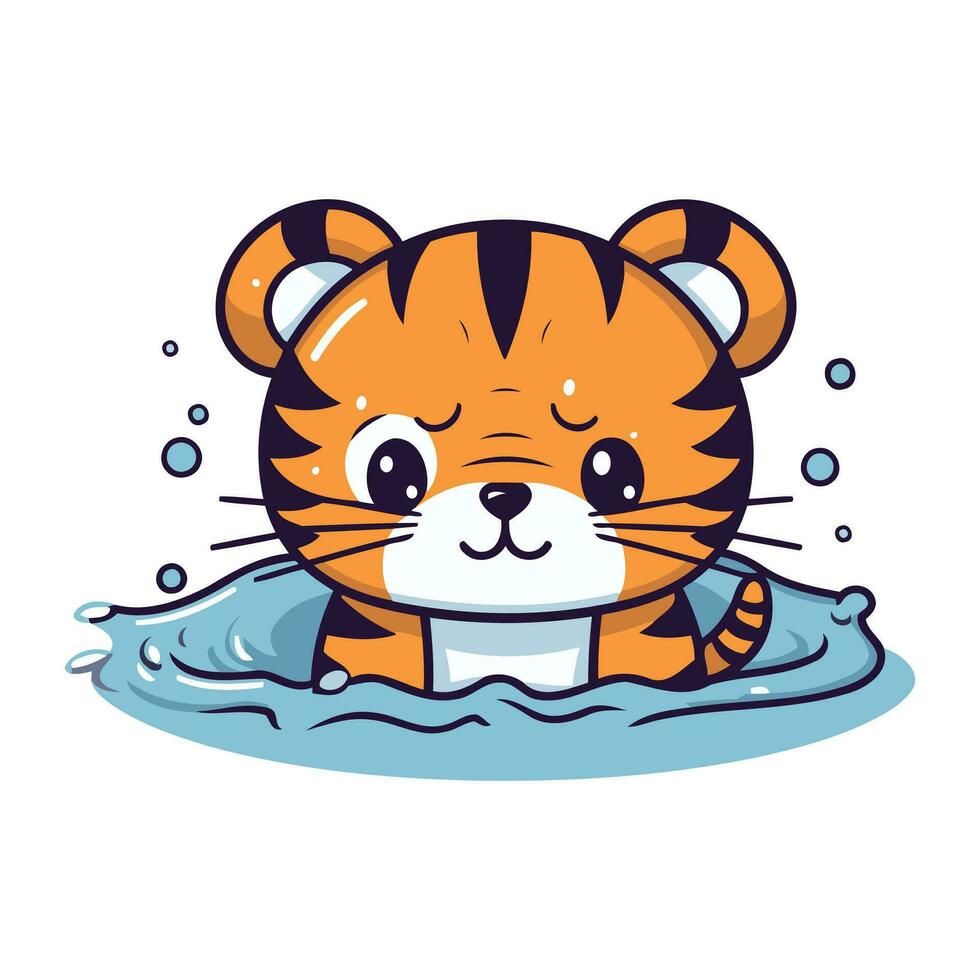 söt tiger simning i vatten. vektor illustration i tecknad serie stil.
