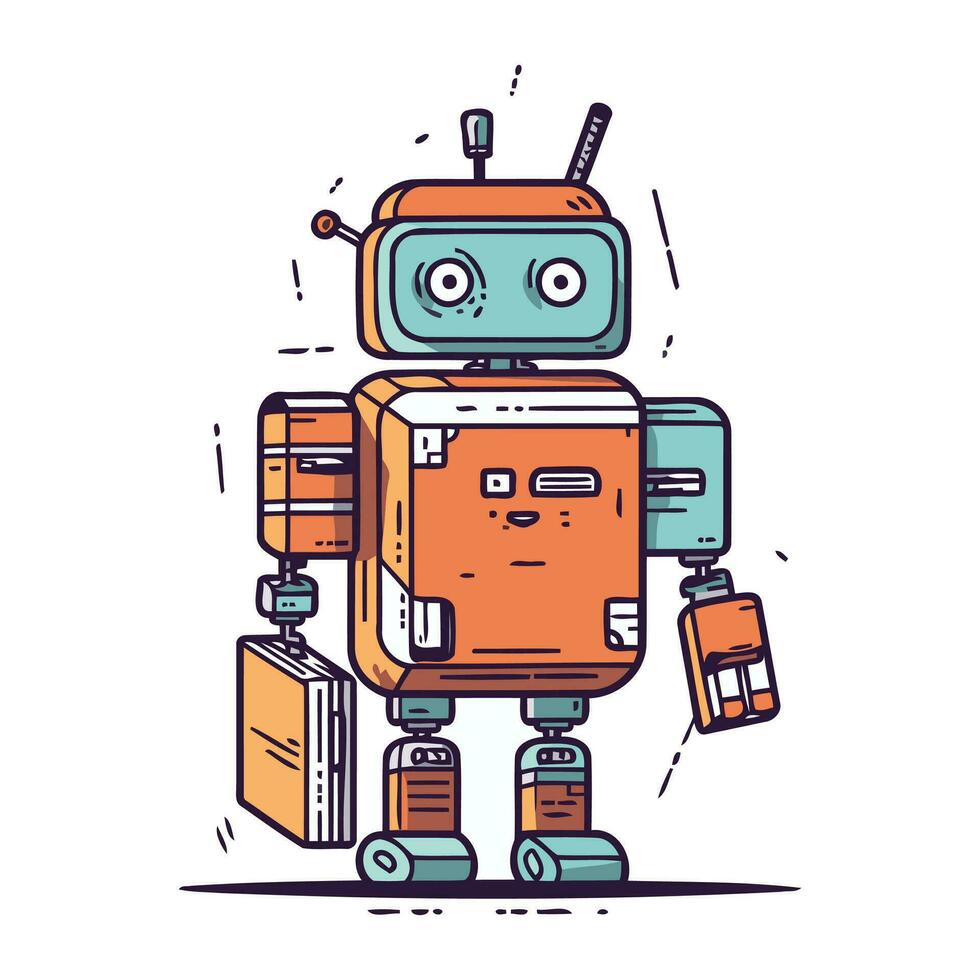 komisch Roboter mit Koffer. Vektor Illustration im Gekritzel Stil.