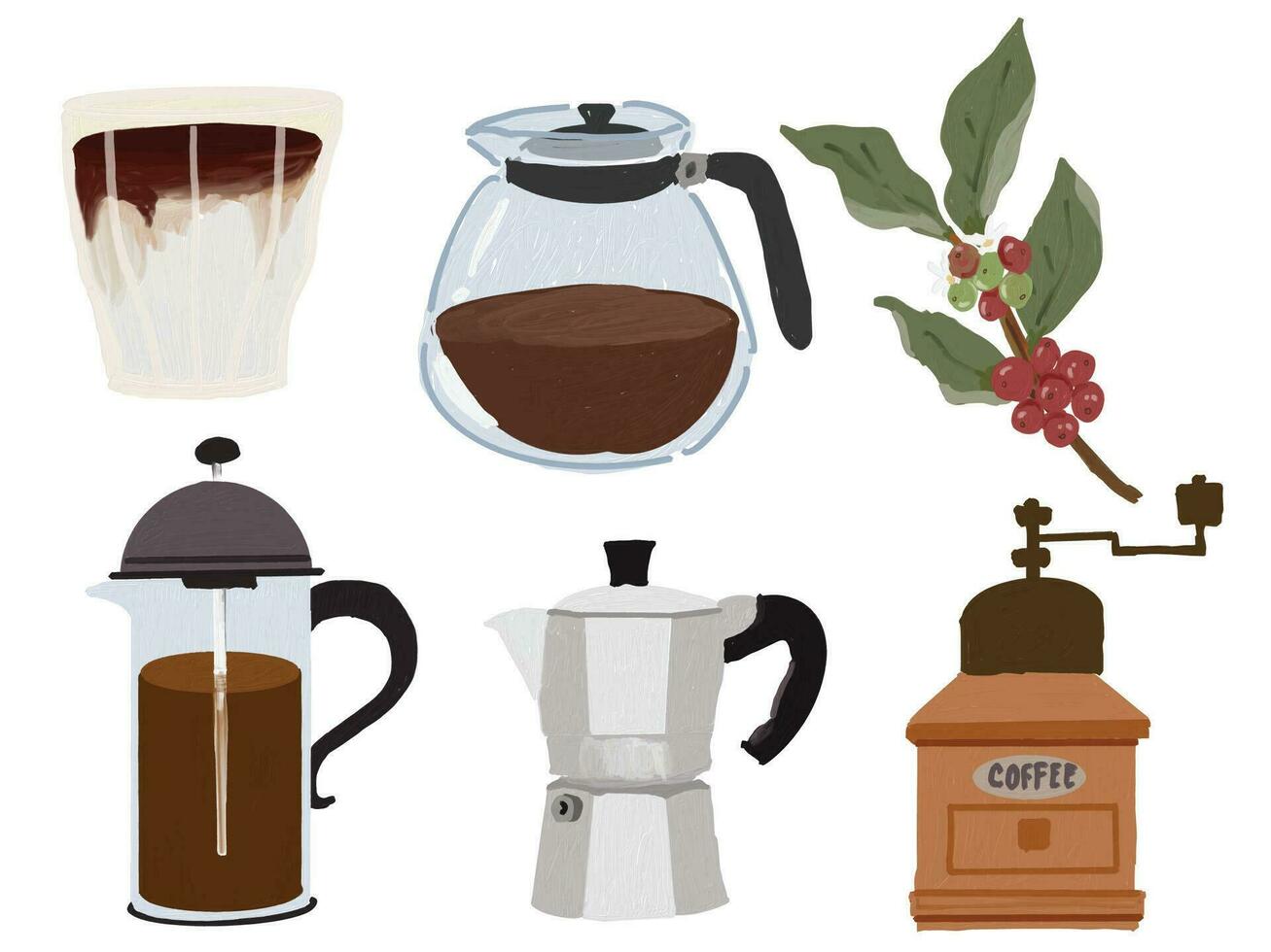 söt olja borsta målning kaffe bageri och te uppsättning vektor illustration