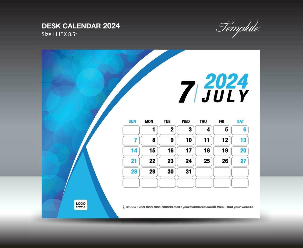 Juli 2024 Vorlage- Schreibtisch Kalender 2024 Jahr Vorlage, Mauer Kalender 2024 Jahr, Woche beginnt Sonntag, Planer Design, Schreibwaren Design, Flyer Design, Drucken Medien, Blau Kurve Hintergrund Vektor