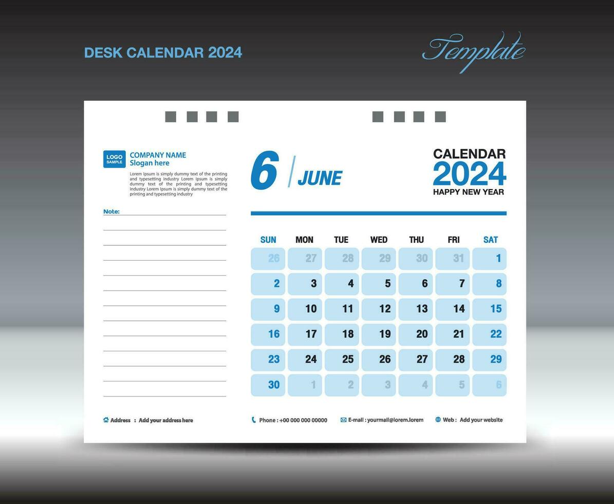 Schreibtisch Kalander 2024 Design, Juni 2024 Vorlage, Kalender 2024 Vorlage, Planer, einfach, Mauer Kalender Design, Woche beginnt auf Sonntag, Drucken, Werbung, Blau Hintergrund, Vektor