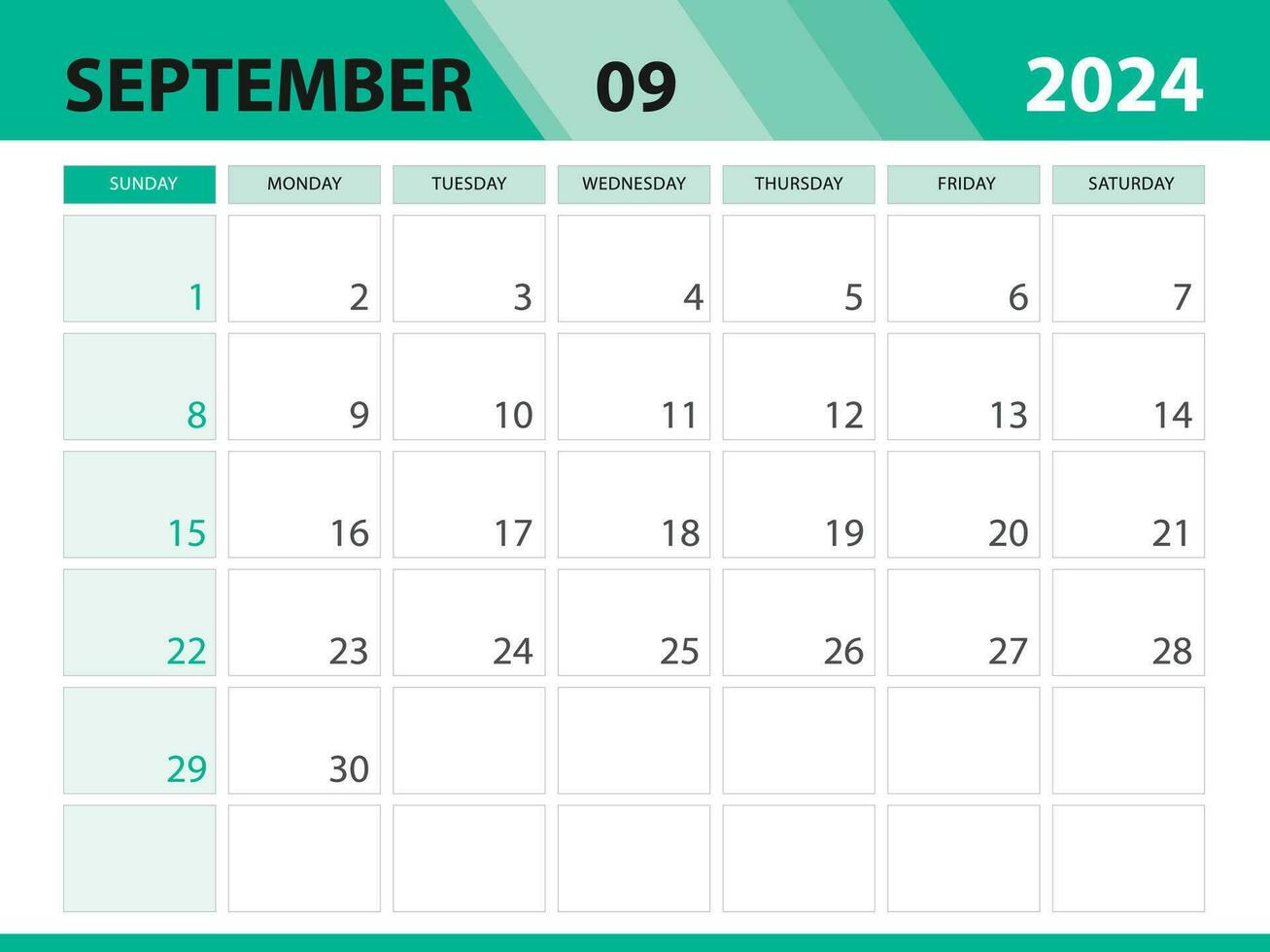 september 2024 mall, kalender 2024 mall vektor, planerare en gång i månaden design, skrivbord kalender 2024, vägg kalender design, minimal stil, annons, affisch, utskrift media, grön bakgrund begrepp vektor