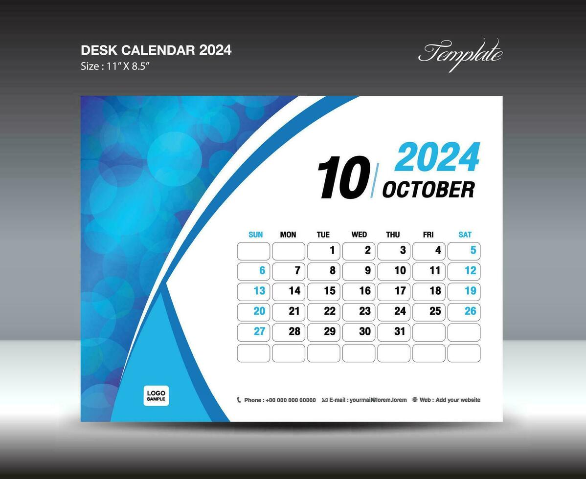 Oktober 2024 Vorlage- Schreibtisch Kalender 2024 Jahr Vorlage, Mauer Kalender 2024 Jahr, Woche beginnt Sonntag, Planer Design, Schreibwaren Design, Flyer Design, Drucken Medien, Blau Kurve Hintergrund Vektor