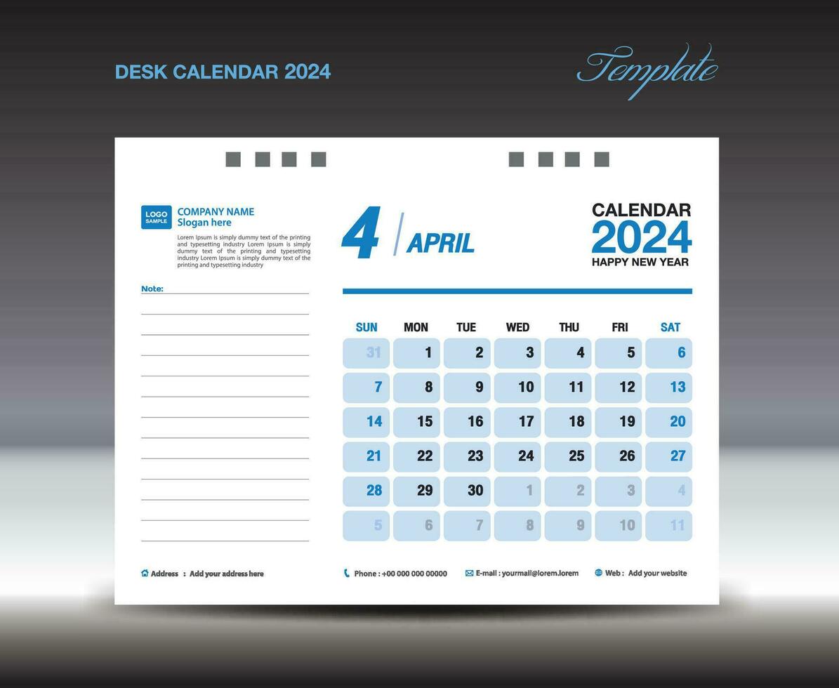 Schreibtisch Kalander 2024 Design, April 2024 Vorlage, Kalender 2024 Vorlage, Planer, einfach, Mauer Kalender Design, Woche beginnt auf Sonntag, Drucken, Werbung, Blau Hintergrund, Vektor