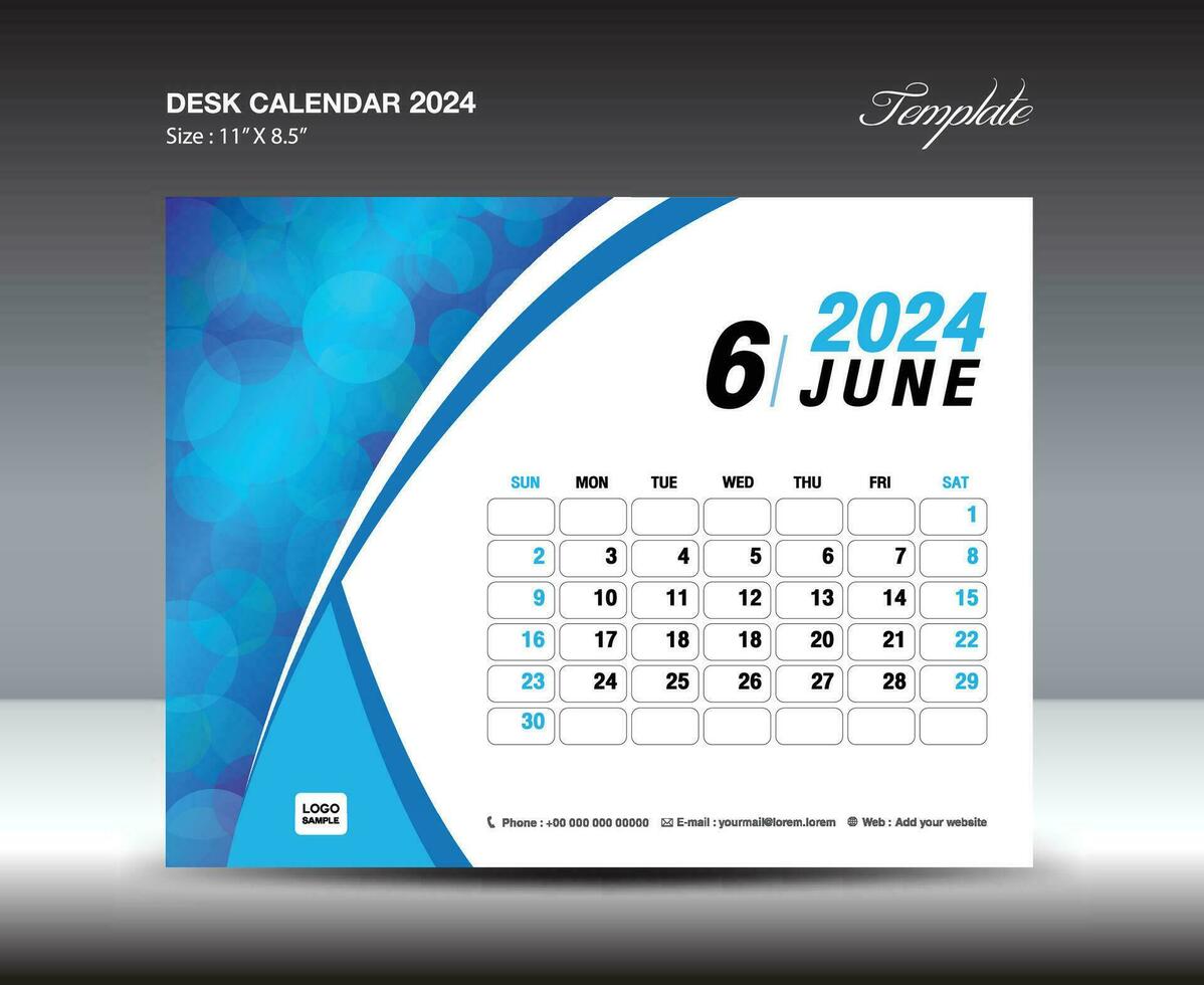 Juni 2024 Vorlage- Schreibtisch Kalender 2024 Jahr Vorlage, Mauer Kalender 2024 Jahr, Woche beginnt Sonntag, Planer Design, Schreibwaren Design, Flyer Design, Drucken Medien, Blau Kurve Hintergrund Vektor