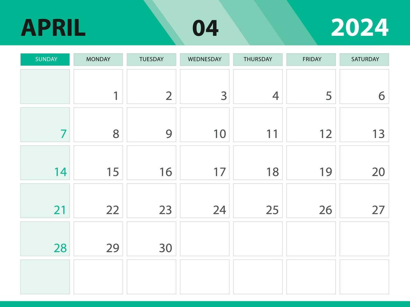 April 2024 Vorlage, Kalender 2024 Vorlage Vektor, Planer monatlich Design, Schreibtisch Kalender 2024, Mauer Kalender Design, minimal Stil, Werbung, Poster, Drucken Medien, Grün Hintergrund Konzept vektor