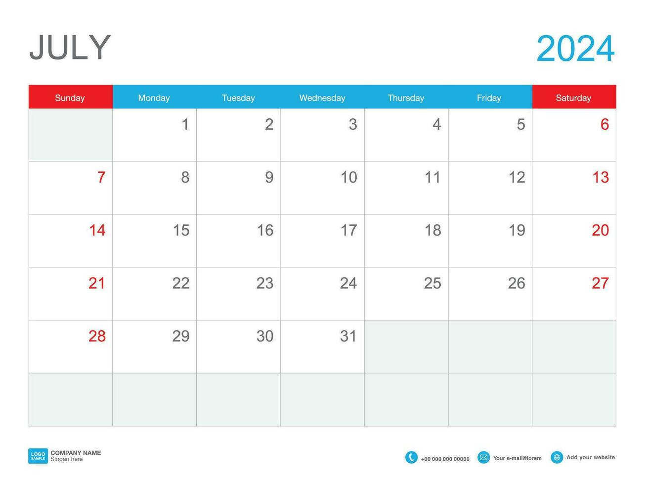 Juli b2024 Vorlage-Kalender 2024 Design , Schreibtisch Kalender 2024 Vorlage, Planer einfach, Woche beginnt Sonntag, Schreibwaren, Mauer Kalender, Drucken, Werbung, Vektor Illustration