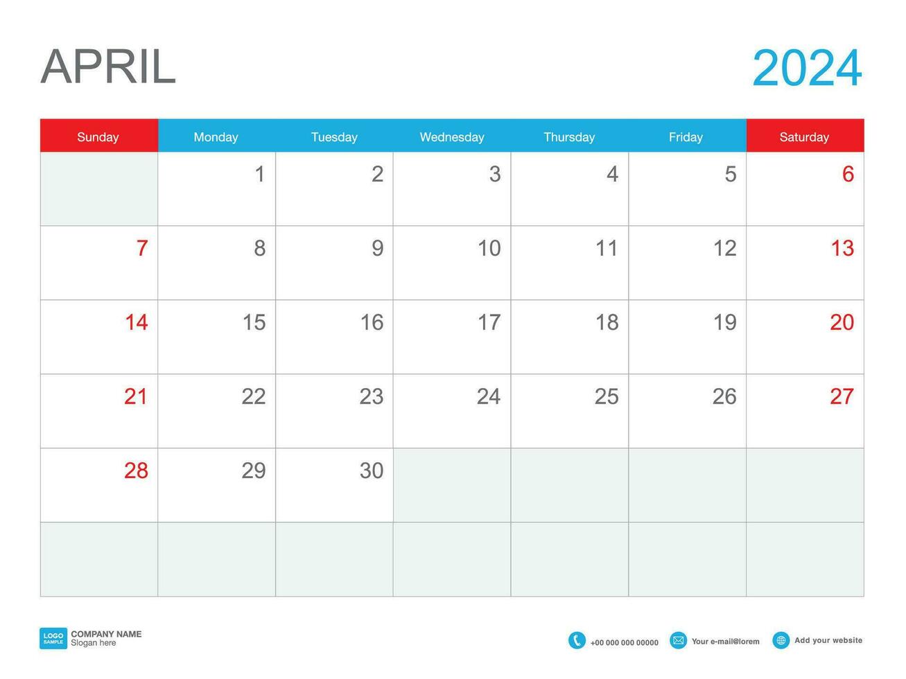 april 2024 mall-kalender 2024 design , skrivbord kalender 2024 mall, planerare enkel, vecka börjar söndag, brevpapper, vägg kalender, utskrift, annons, vektor illustration