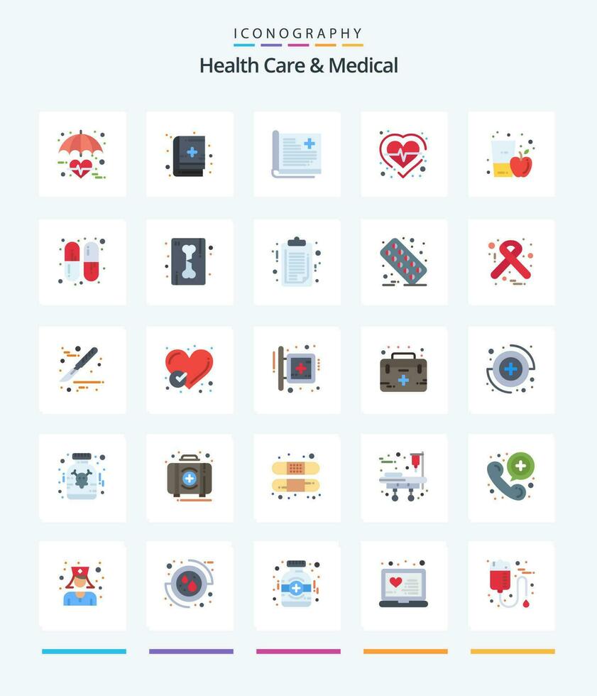 kreativ hälsa vård och medicinsk 25 platt ikon packa sådan som äpple. puls. sjukvård. hjärta. medicinsk vektor