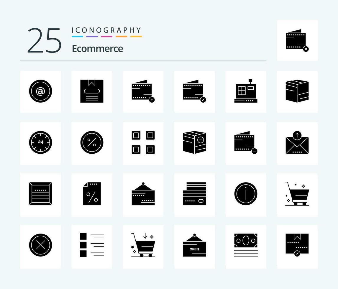 e-handel 25 fast glyf ikon packa Inklusive leverans. låda. Lägg till. e. kassaskrin vektor