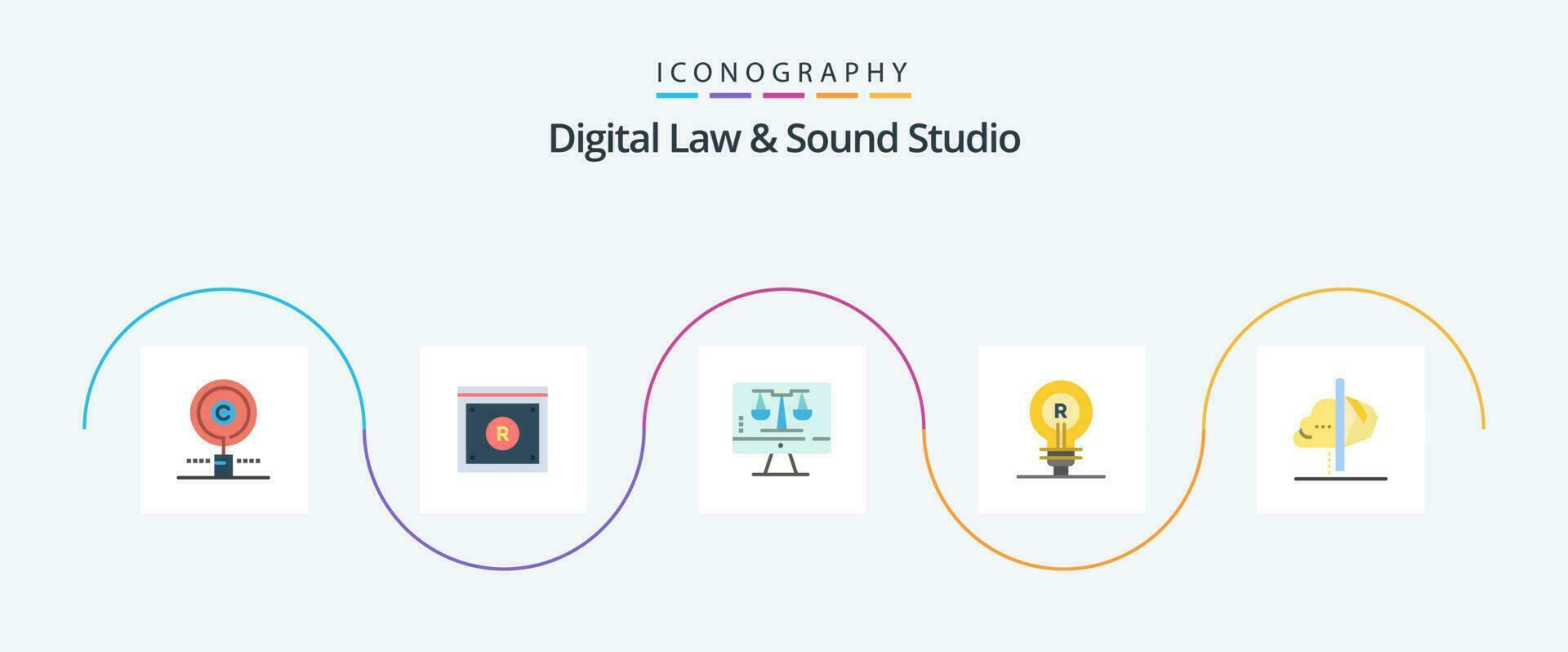 Digital Gesetz und Klang Studio eben 5 Symbol Pack einschließlich Idee. Konzept. Gesetz. -Marke. technik vektor