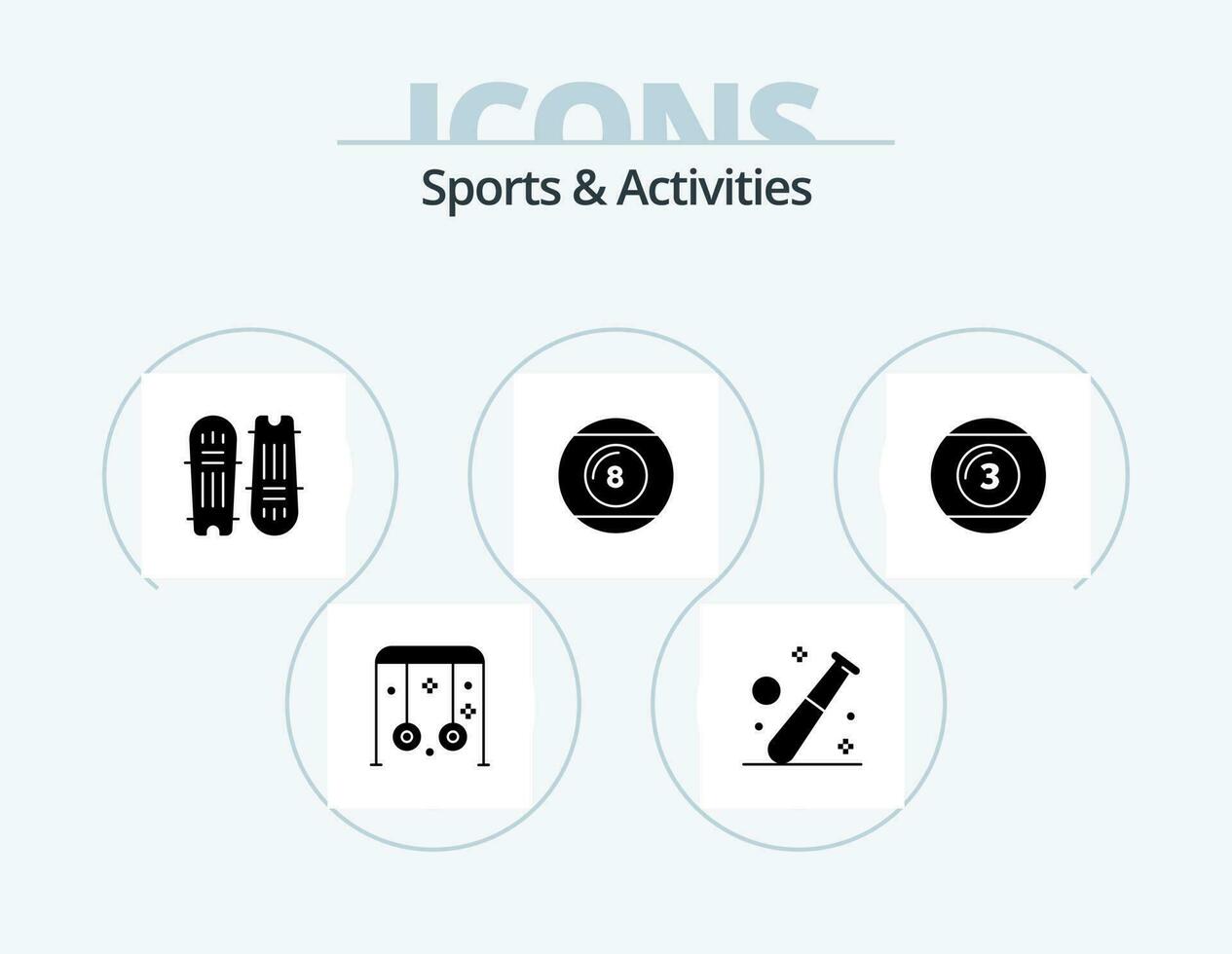 sporter och aktiviteter glyf ikon packa 5 ikon design. linje-ikon. boll. Gym. cricket stubbar. cricket fladdermus vektor