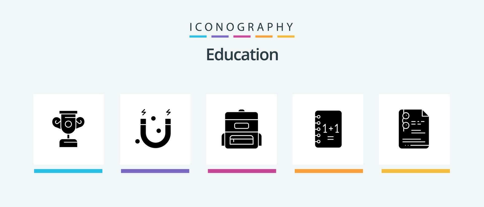 utbildning glyf 5 ikon packa Inklusive . utbildning. skolväska. skola. fil. kreativ ikoner design vektor