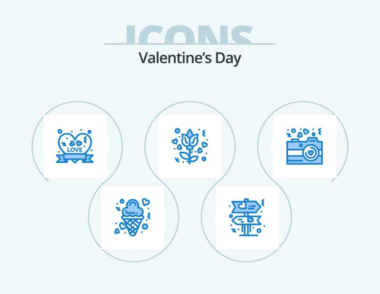 valentines dag blå ikon packa 5 ikon design. fotografi. kamera. hjärta bricka. reste sig. blomma vektor