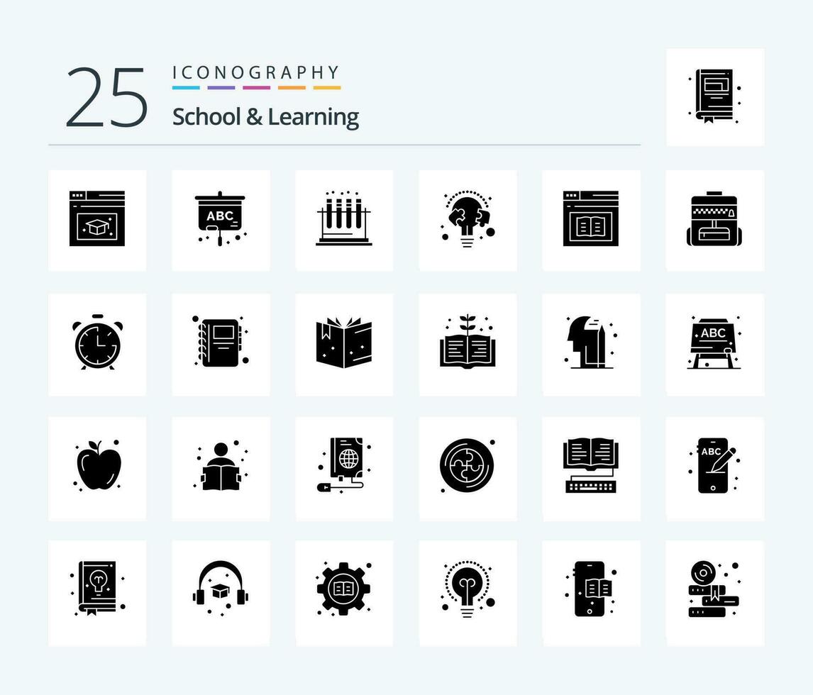 Schule und Lernen 25 solide Glyphe Symbol Pack einschließlich E-Learning. Buch. prüfen. Birne. Linie vektor