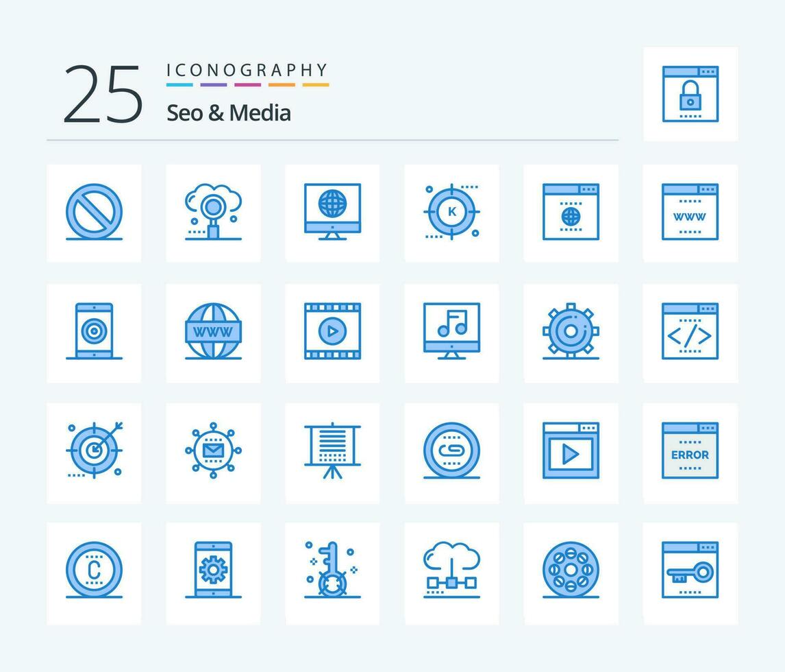 seo media 25 blå Färg ikon packa Inklusive webbläsare. optimering. kommunikation. media. motor vektor