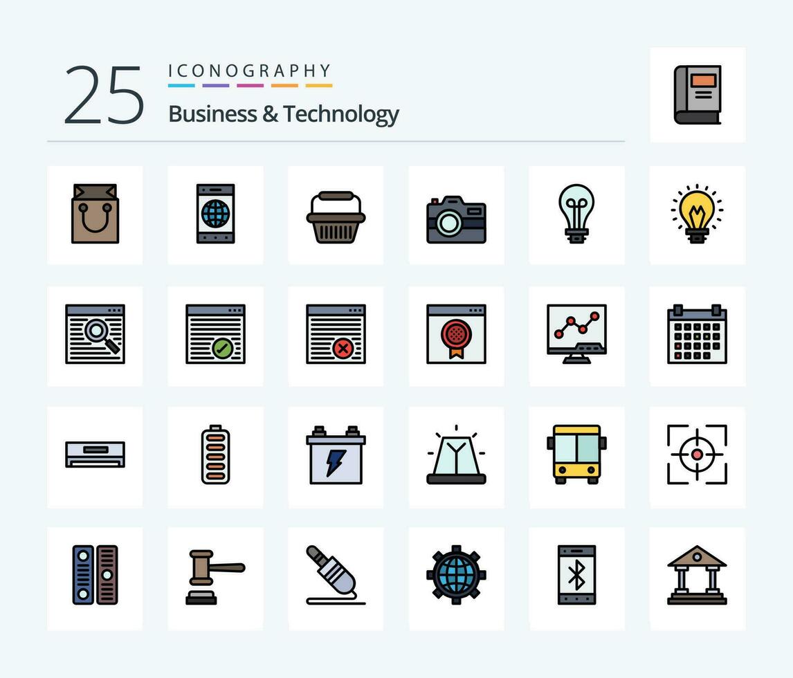 företag teknologi 25 linje fylld ikon packa Inklusive kreativ. teknologi. korg. fotografi. kamera vektor