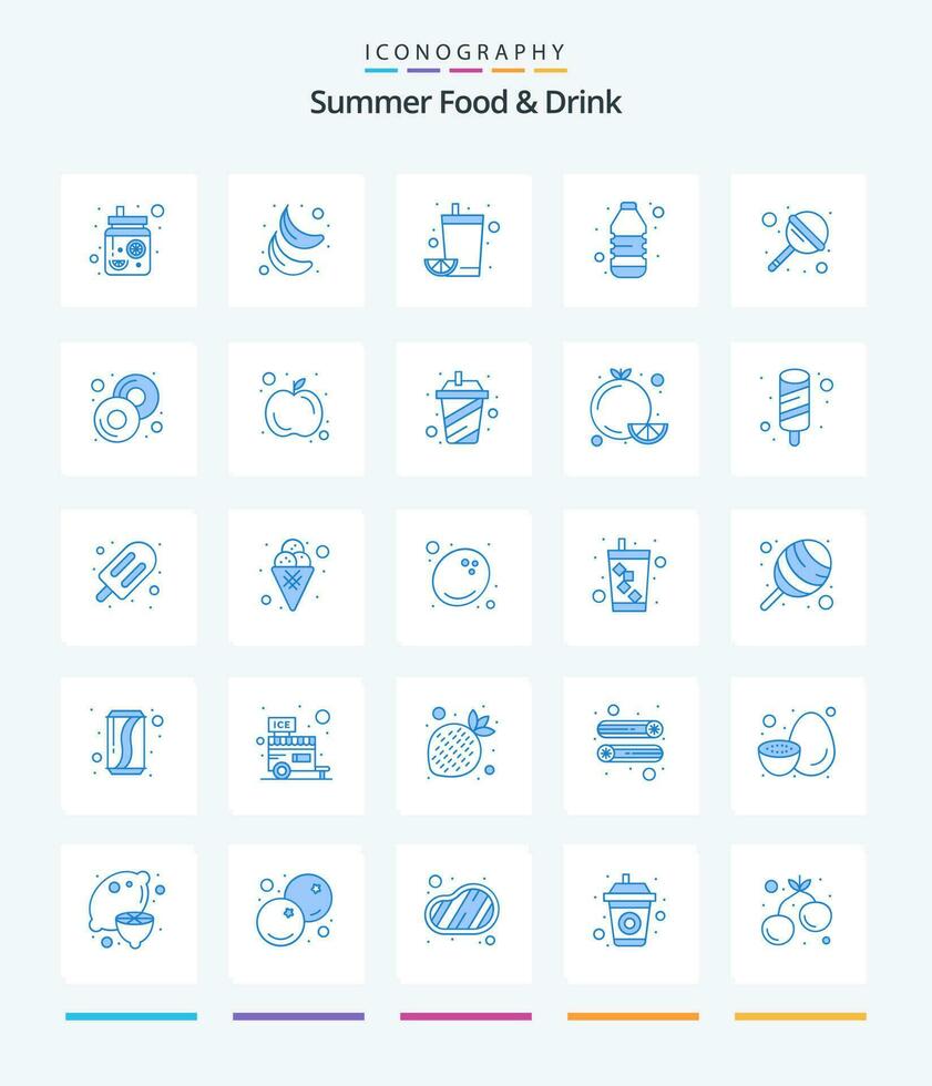 kreativ Sommer- Essen trinken 25 Blau Symbol Pack eine solche wie Lutscher. Süßigkeiten. trinken. Wasser. Flasche vektor