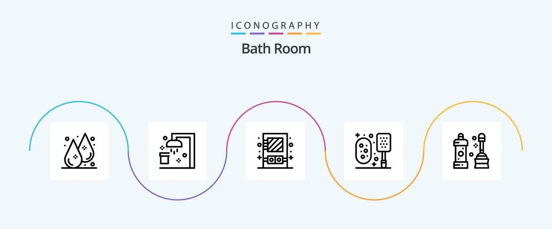 Bad Zimmer Linie 5 Symbol Pack einschließlich Reiniger. Dusche. Kasten. schrubben. Bad vektor