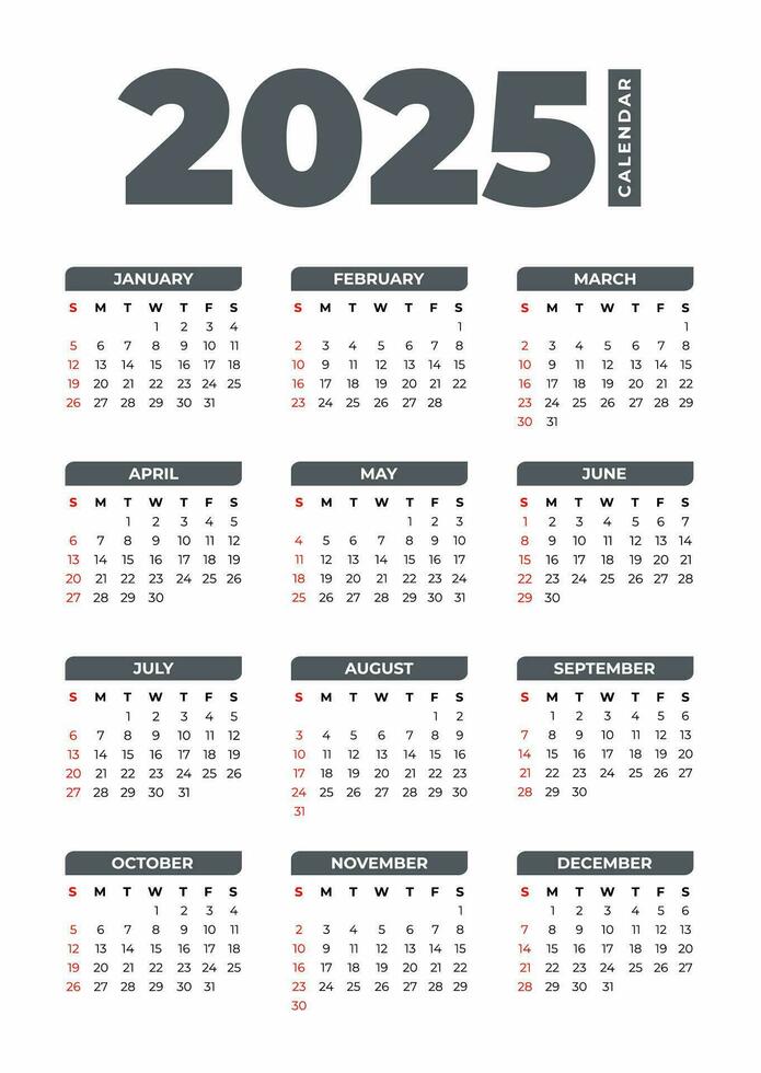 2025 Basic Kalender im Weiß Hintergrund vektor