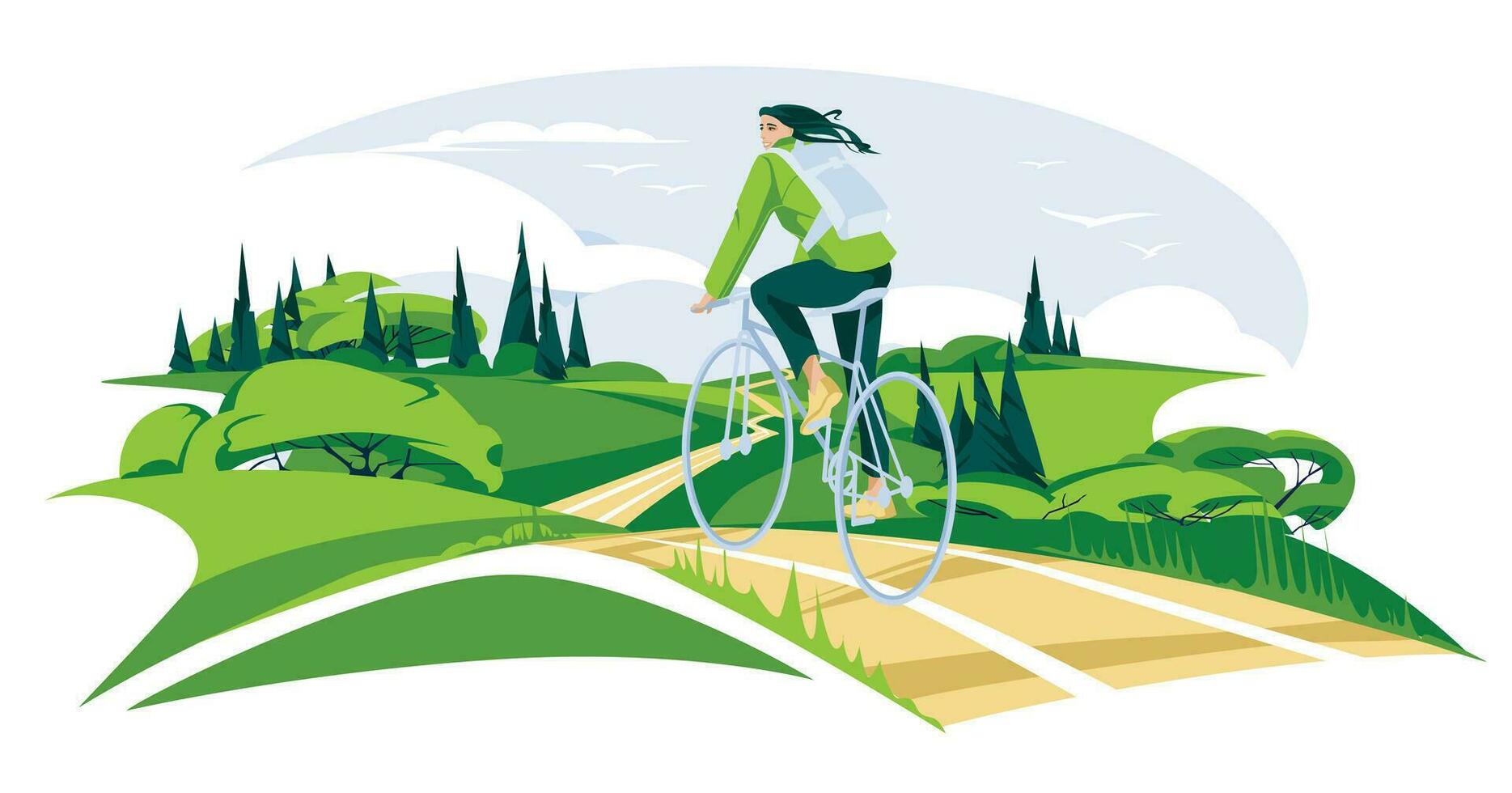 begrepp av grön energi och säker miljö, kvinna på cykel på grön äng landskap bakgrund. vektor platt illustration