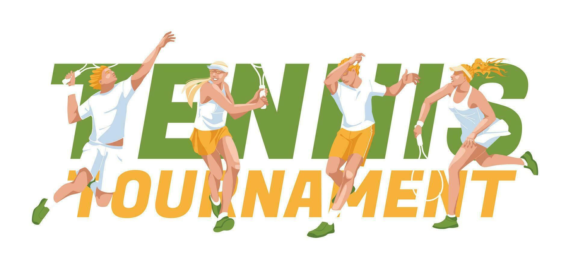 tennis spelare i sporter uniformer i annorlunda poser på de bakgrund av en stor text. annons av tändstickor, tävlingar, sporter klubbar. vektor platt illustration