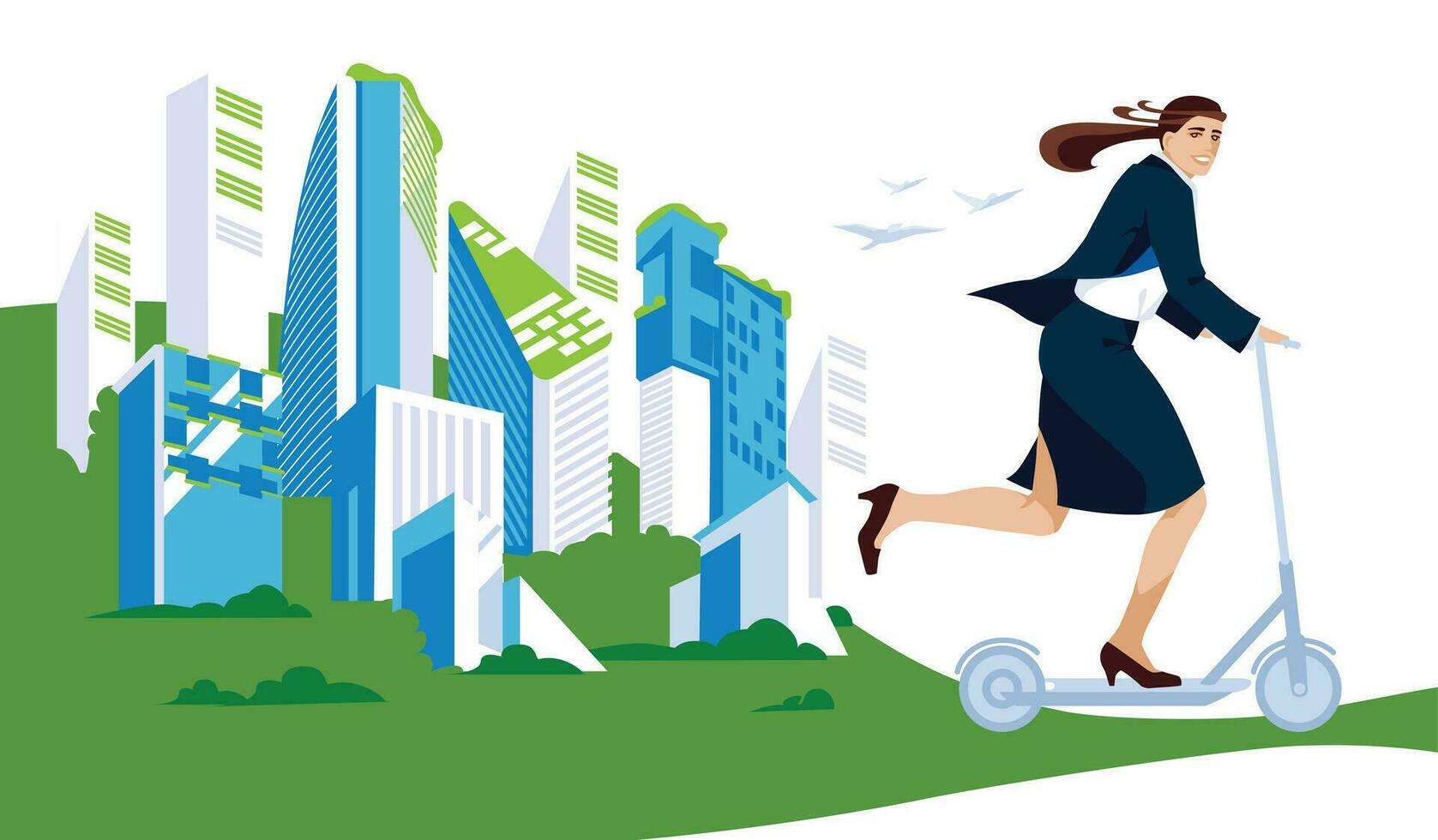 begrepp av grön energi och säker miljö, affärskvinna på skoter på grön stad bakgrund. vektor platt illustration