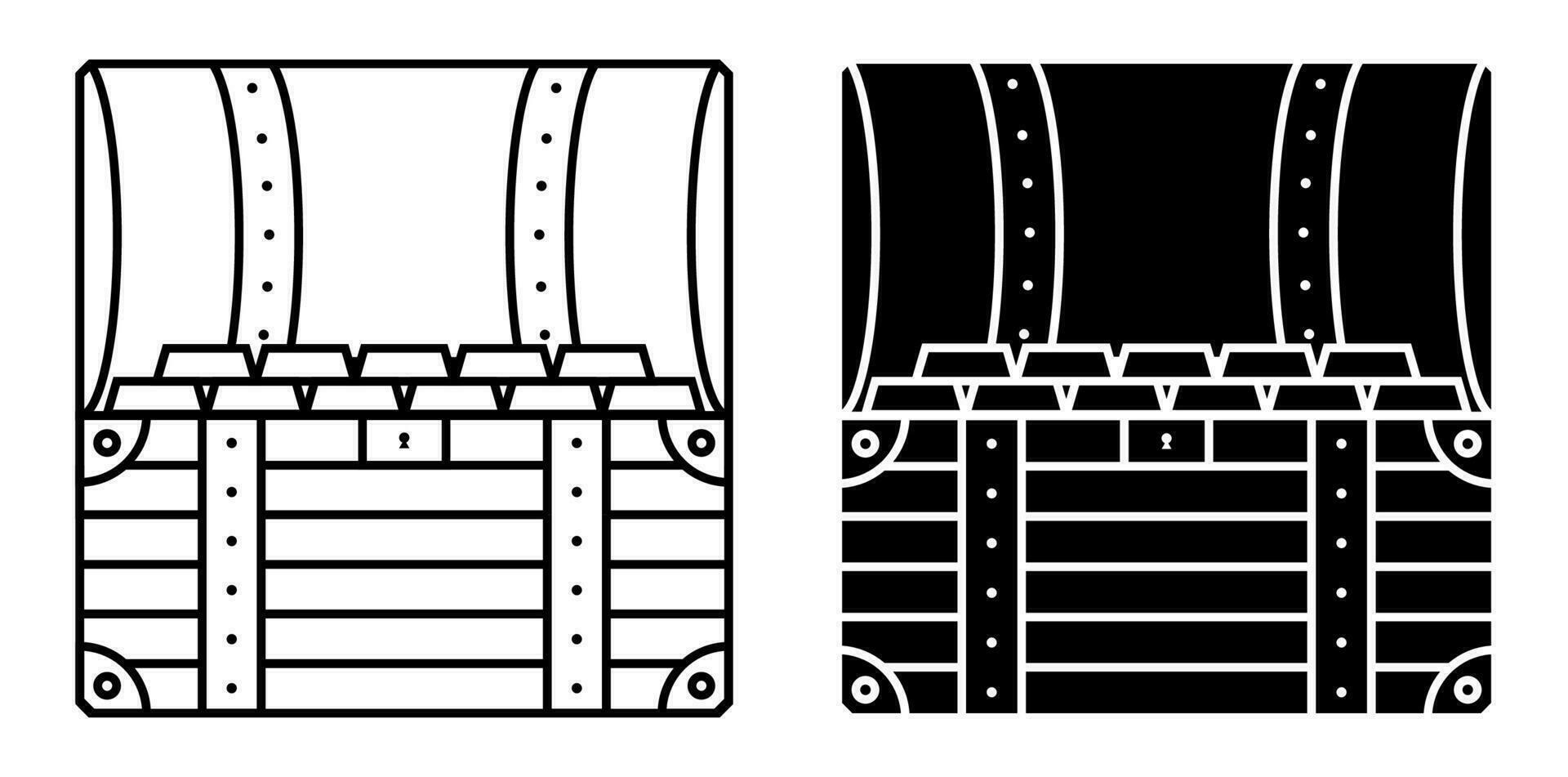 fyrkant ikon öppen skatt bröst inuti. guld göt i en pirat bröst. svart och vit vektor vektor