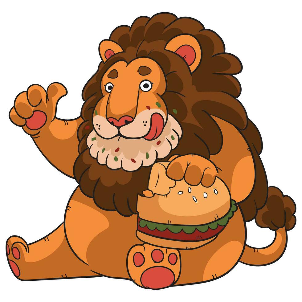 süß Löwe mit Burger Karikatur Vektor Illustration.