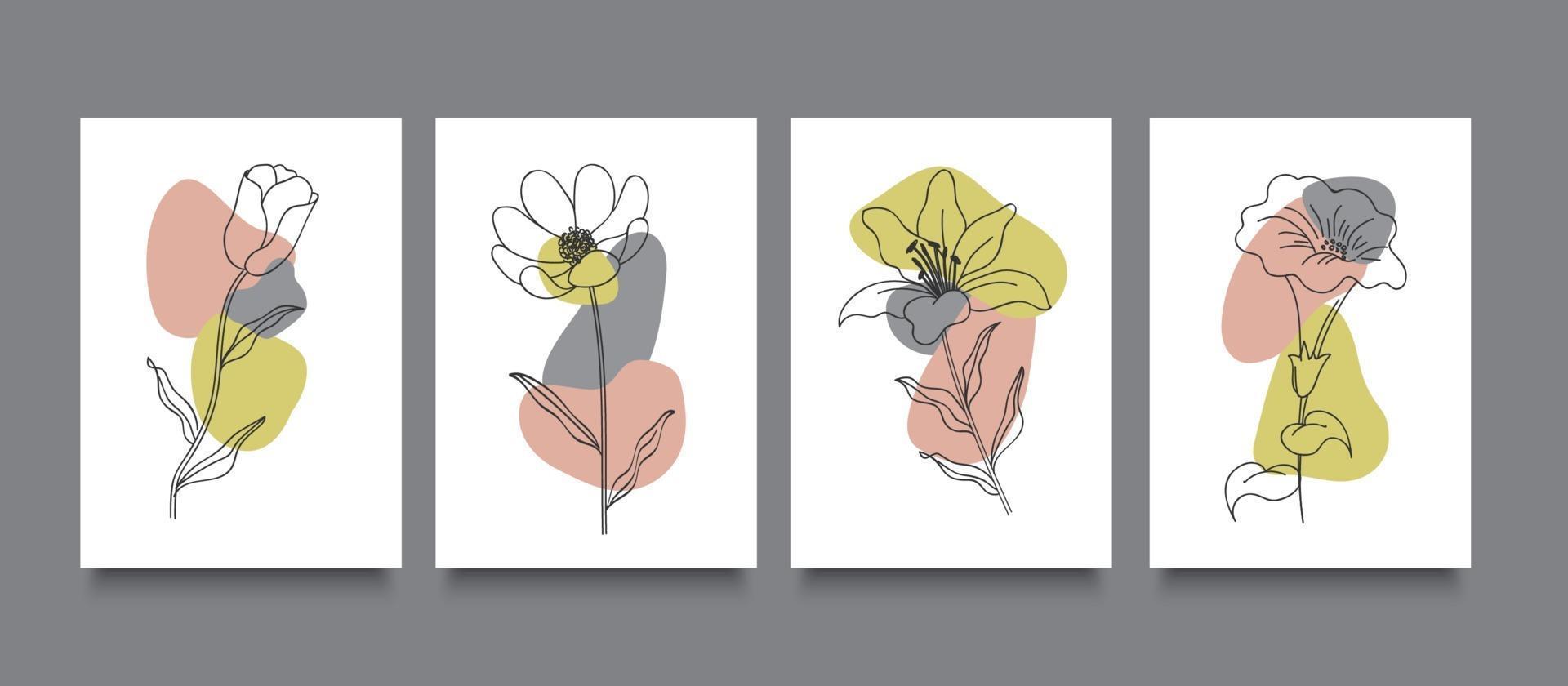 Blumenlinie Kunst, minimales flaches Kartenset vektor