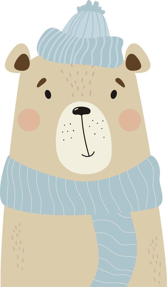 porträtt av en söt björn i hatt och halsduk vektor