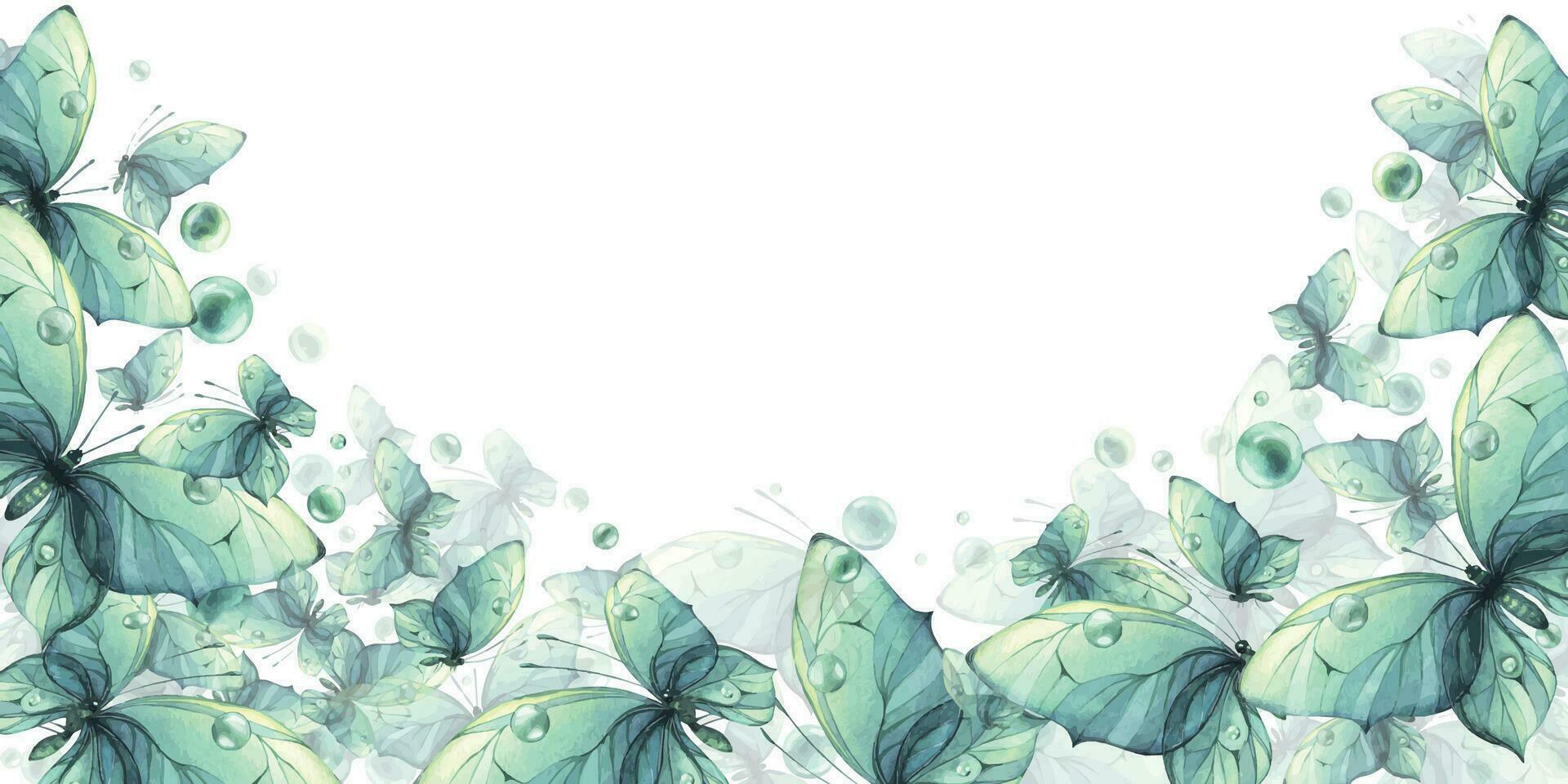 delikat turkos och blå fjärilar med bubblor är luftig, ljus, skön. hand dragen vattenfärg illustration. mall, ram på en vit bakgrund för kort, affischer. vektor