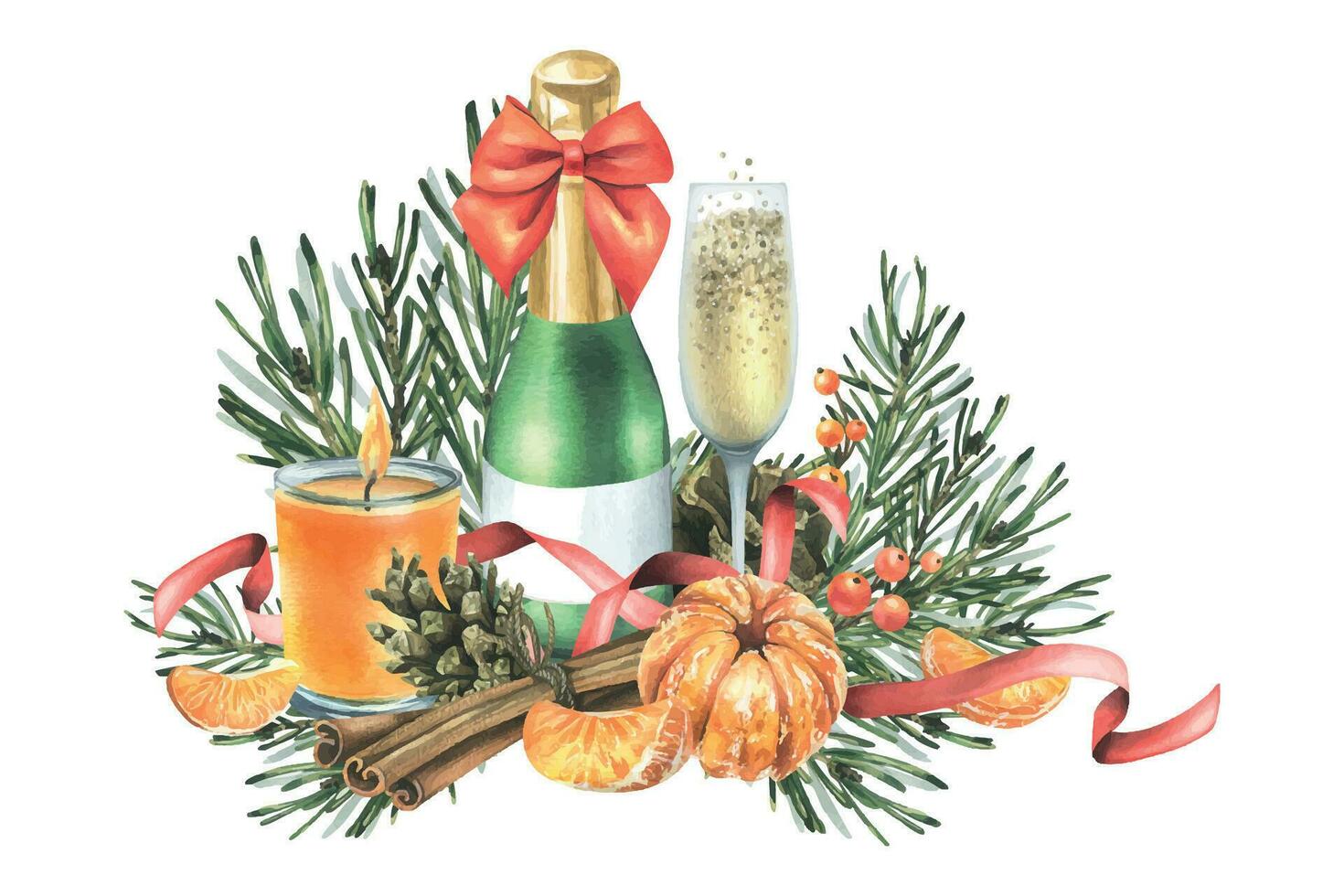 Mandarine mit Weihnachten Baum Geäst, ein Flasche, Glas von Sekt, Kiefer Zapfen und Gewürze. Hand gezeichnet Aquarell Illustration. isoliert Komposition auf ein Weiß Hintergrund zum Neu Jahr und Weihnachten vektor
