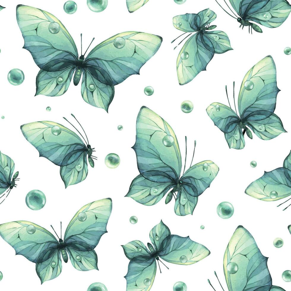 delikat turkos och blå fjärilar med bubblor är luftig, ljus, skön. hand dragen vattenfärg illustration. sömlös mönster på en vit bakgrund för tyg, textilier, tapet, förpackning. vektor