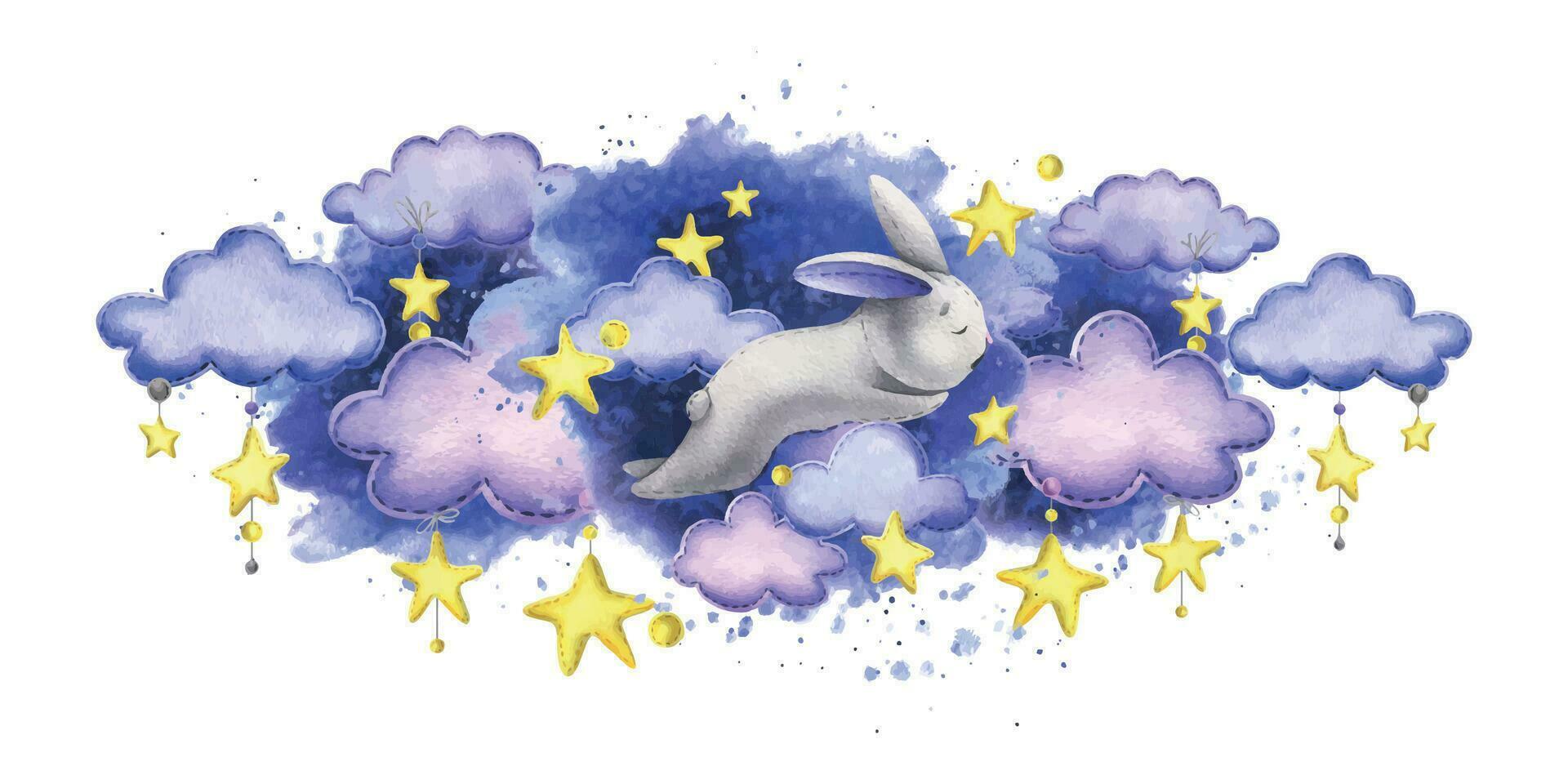 en söt grå kanin sover på de moln bland de stjärnor mot de bakgrund av de natt himmel. vattenfärg illustration barns hand ritade. isolerat sammansättning på vit bakgrund. vektor