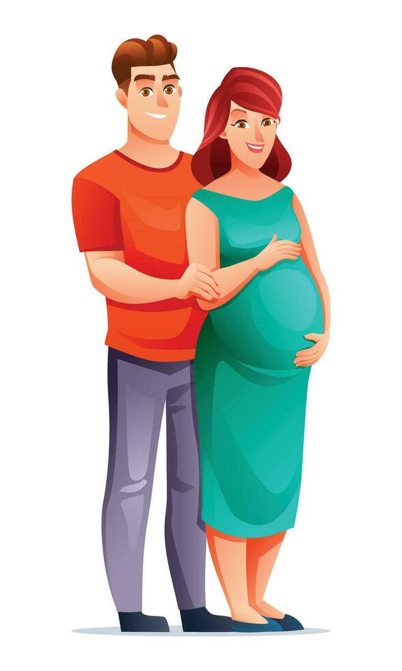 Lycklig gravid kvinna kramas henne mage med Make, förväntar sig för bebis begrepp. vektor tecknad serie illustration