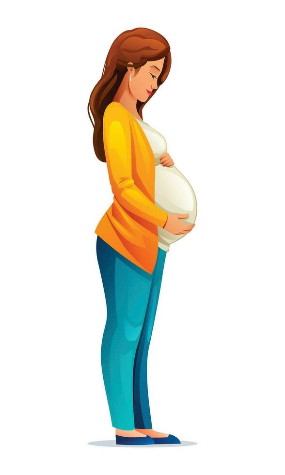 schwanger Frau umarmen ihr Bauch, warten zum ein Baby. Vektor Illustration