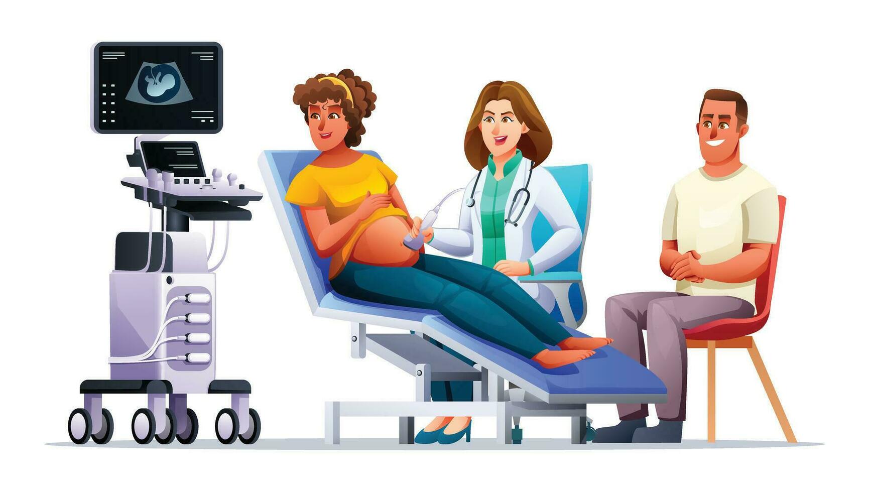 schwanger Frau haben Ultraschall im Klinik. Paar tun Beratung und prüfen oben Schwangerschaft mit Arzt. Vektor Karikatur Illustration