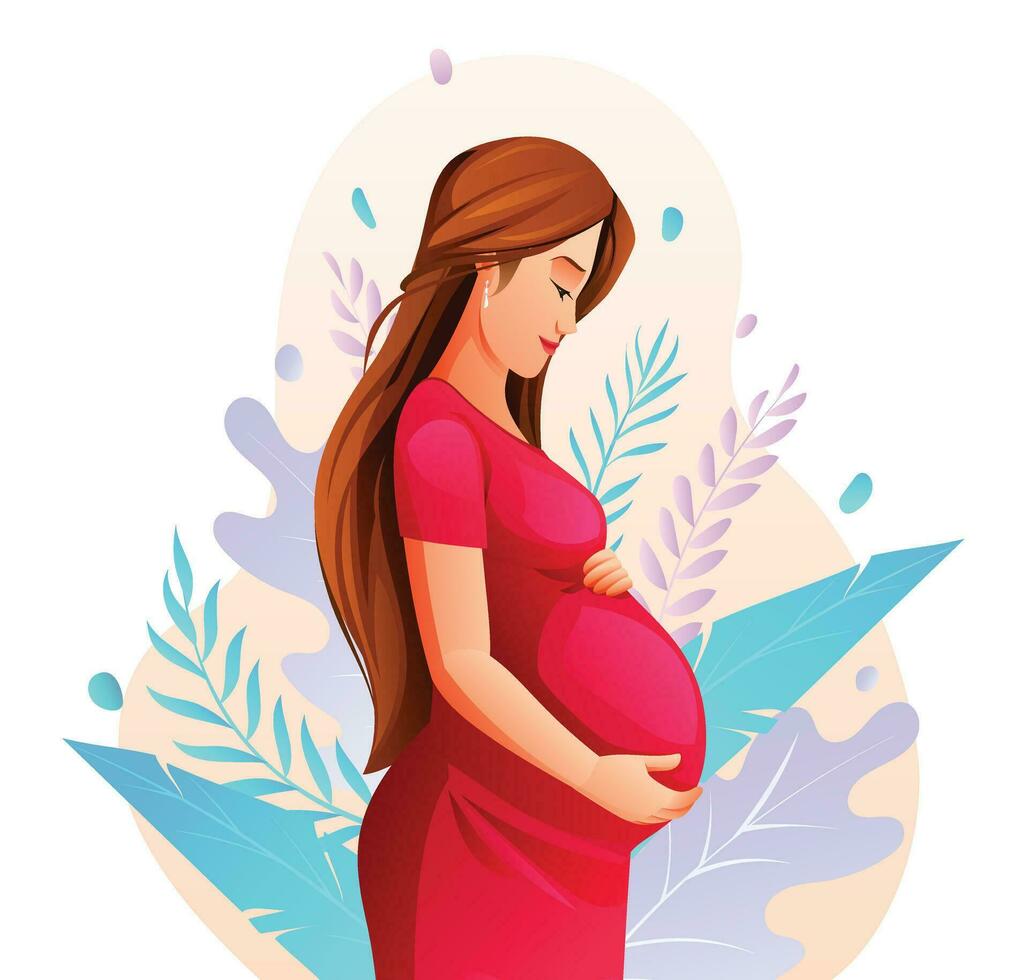 gravid kvinna kramas henne mage med natur löv bakgrund. vektor tecknad serie illustration
