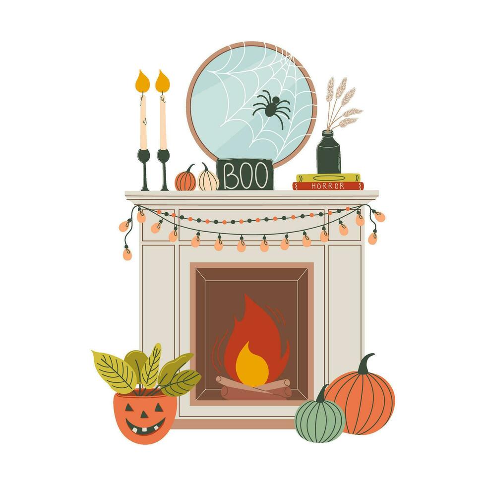 Halloween Zimmer Dekoration. Kamin dekoriert zum Herbst Urlaub. Halloween Stil Innere. eben Stil Hand gezeichnet Vektor Illustration.