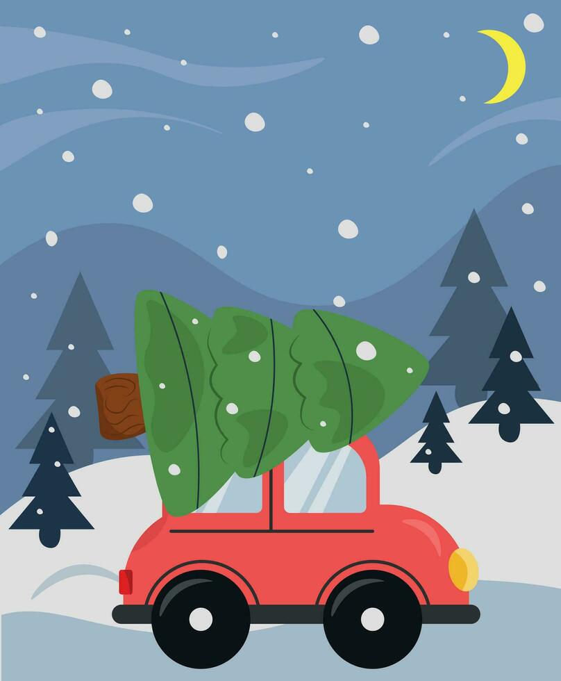 Weihnachten Auto mit Baum auf Spitze, Winter Illustration vektor