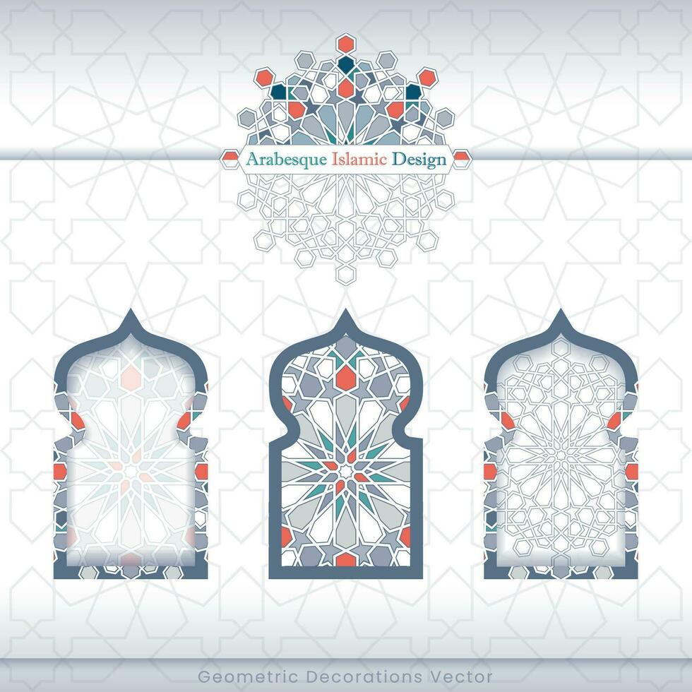 Arabeske islamisch Banner Sammlung. einstellen von Arabeske Muster Vektor Hintergründe. Farbe abstrakt Ornamente. Sie können verwenden es zum Hintergründe, Einladungen, Geschäft Karten, Banner, Tapeten
