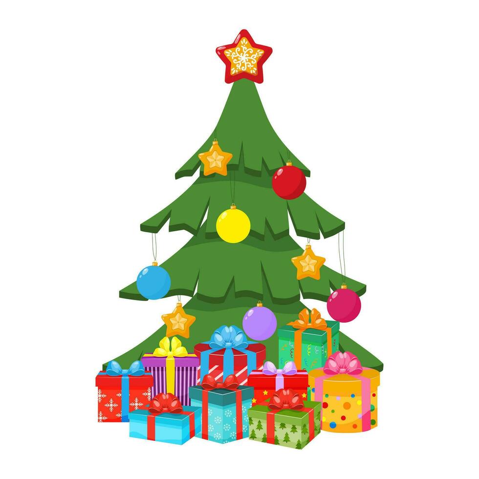 Weihnachten oder Neu Jahr Baum dekoriert mit Bälle, Sterne mit die Geschenke. isoliert Design von Weihnachten Baum und Geschenk Box zum Winter Feiertage. Vektor Illustration.