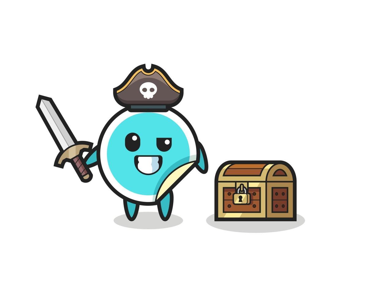 der Sticker-Piraten-Charakter, der ein Schwert neben einer Schatzkiste hält vektor