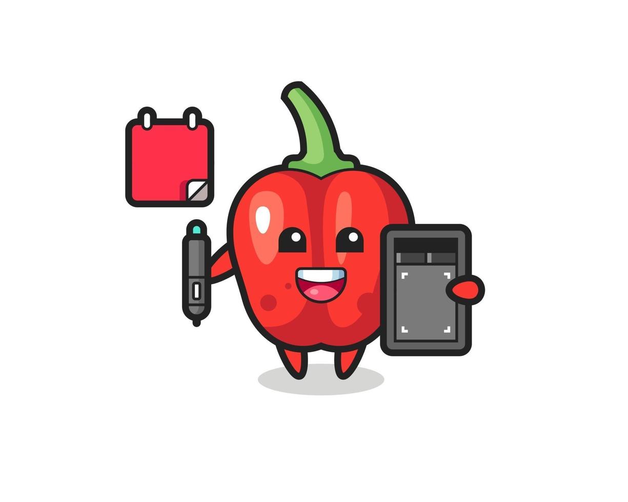 Illustration des Maskottchens der roten Paprika als Grafikdesigner vektor