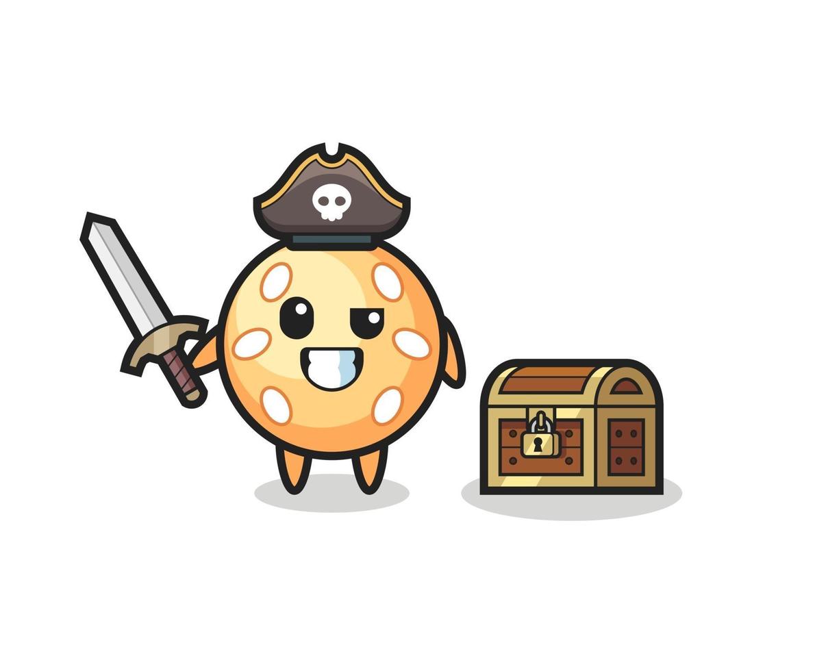 der Sesamball-Piraten-Charakter, der ein Schwert neben einer Schatzkiste hält vektor