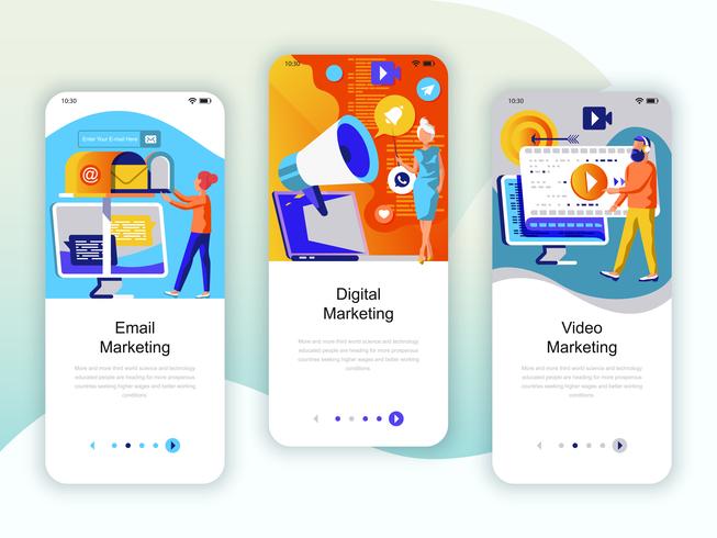 Set Onboarding-Bildschirme für die Benutzeroberfläche für Video, E-Mail und digitales Marketing vektor