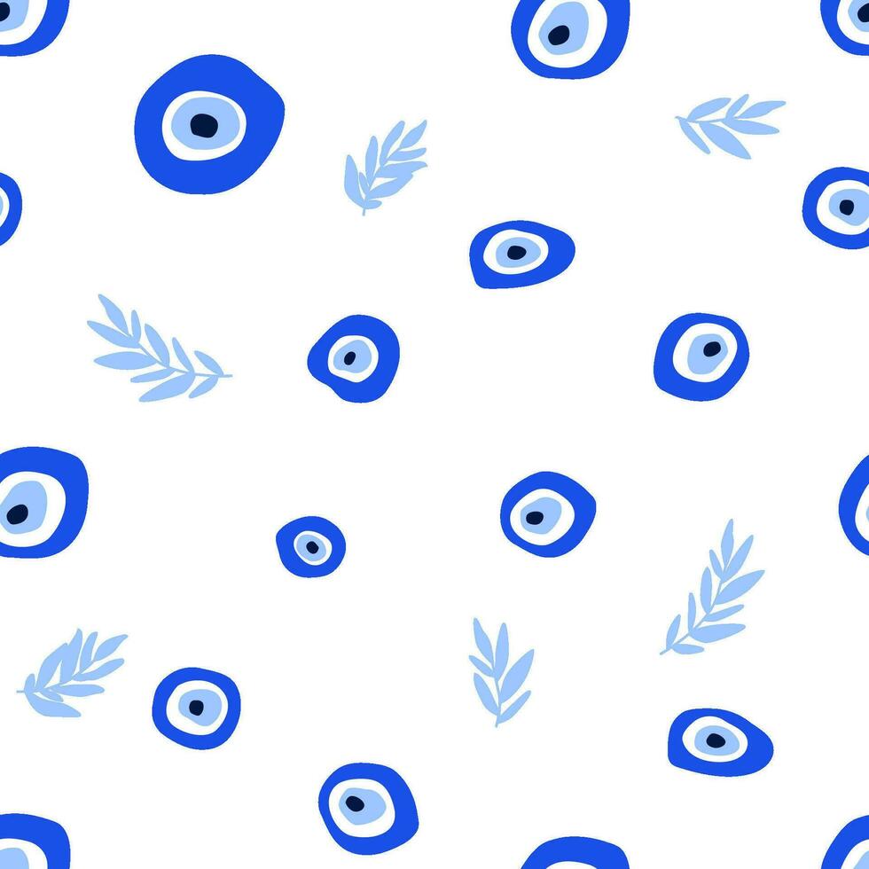 grekisk eller turkiska ondska öga amulett dekorerad blommig löv sömlös mönster. blå nazar talisman amulett upprepa bakgrund. vektor tur- symbol skriva ut textil- design, slå in papper, tapet.