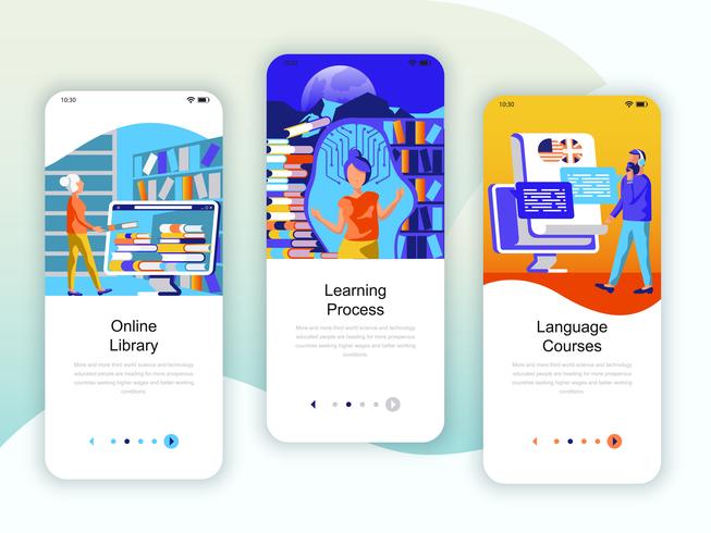 Set von Onboarding-Bildschirmen für die Benutzeroberfläche für Bibliotheks-, Lern- und Sprachkurse vektor